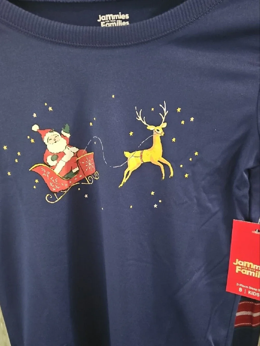 NWT Kids Navy Santa & Reindeer Pajama Set - Red Plaid Bottoms. Sz 8